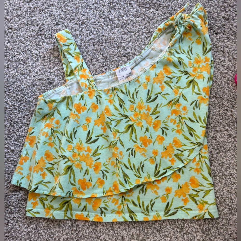 Zara Floral One-Shoulder Tank Top - Green and Yellow